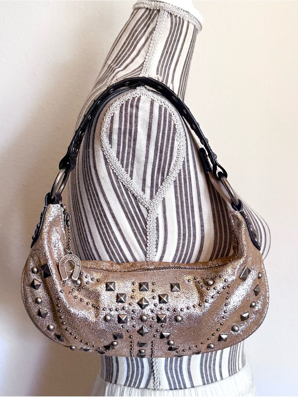 Vintage Y2K Betsey Johnson Leather Metallic Rose Gold Studded Baguette Bag